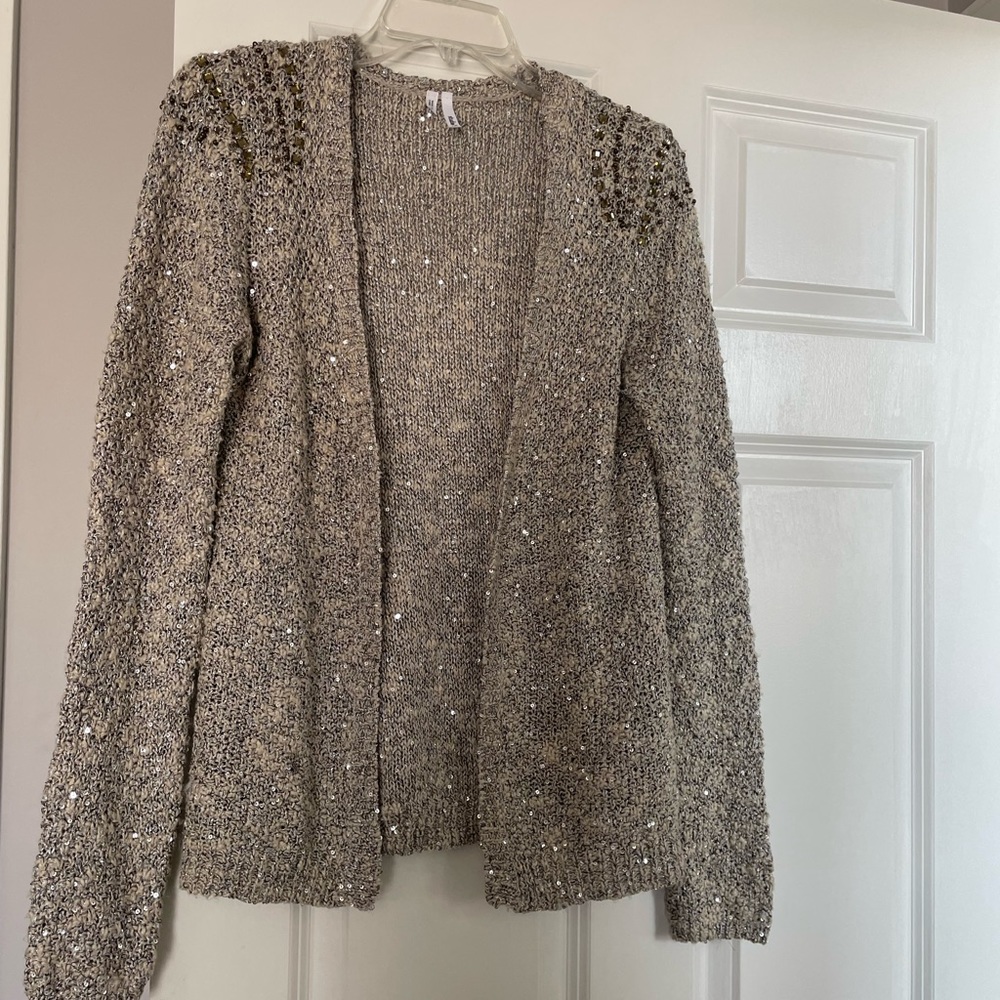 Maurice’s cardigan gray and beige with gold/silver sequins trim. Small